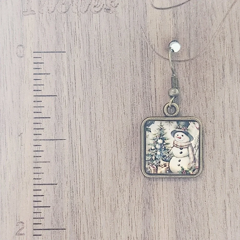 Vintage Style Snowman Christmas Tree Square Bronze Drop Earrings Holiday Jewelry